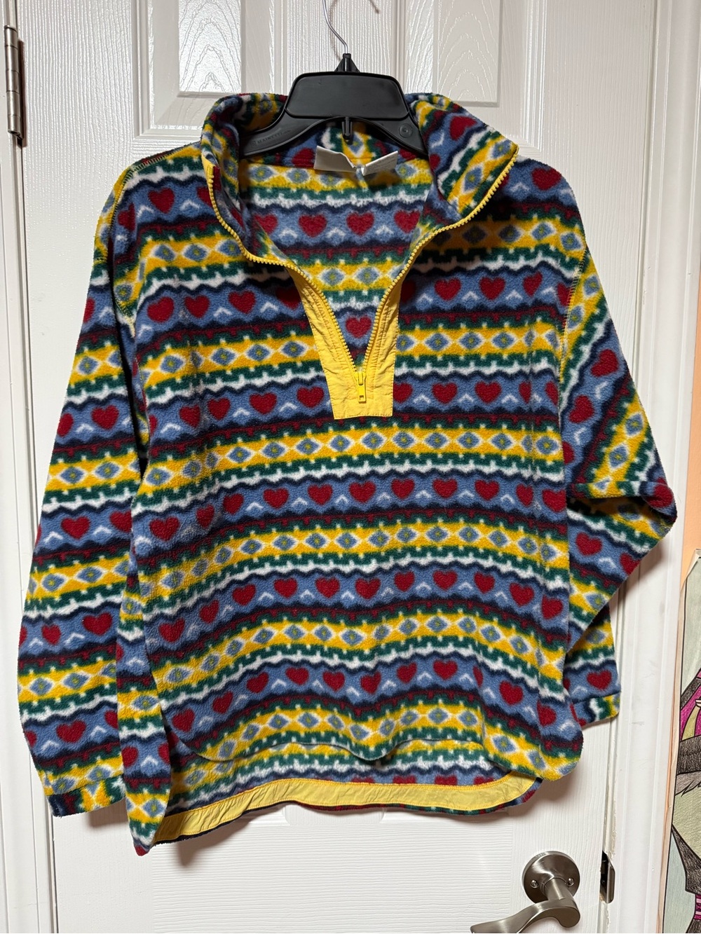 Vintage Multicolor Patterned Half-Zip Fleece Pullover - Yellow, Blue & Red